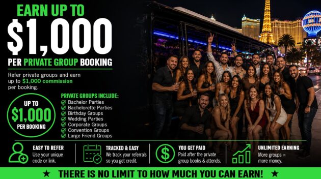 Earn Up to $1,000 Per Private Group Booking | Vegas Drivers Earn Las Vegas private group referral program graphic showing a large nightlife group and up to $1,000 commission per booking.