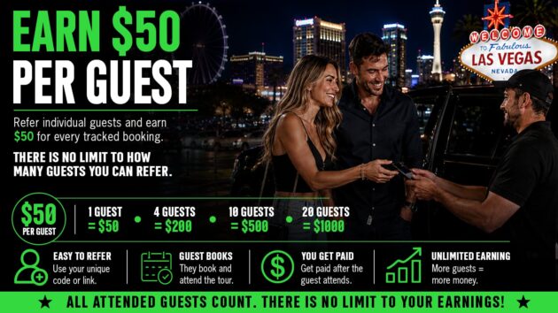 Earn $50 Per Guest | Vegas Drivers Earn Las Vegas driver referral program graphic showing visitors being referred and earning $50 per attended guest.